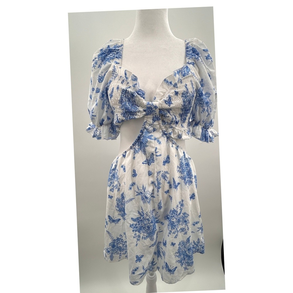 Womens Blue White Floral Cutout Mini Dress Puff Sleeve Cottagecore Boho Dress - Picture 2 of 14